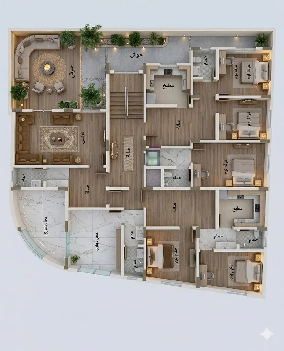 مسقط ثلاثي الأبعاد لدور سكني — توزيع غرف وأثاث — تصميم مكتب الفروي في صنعاء