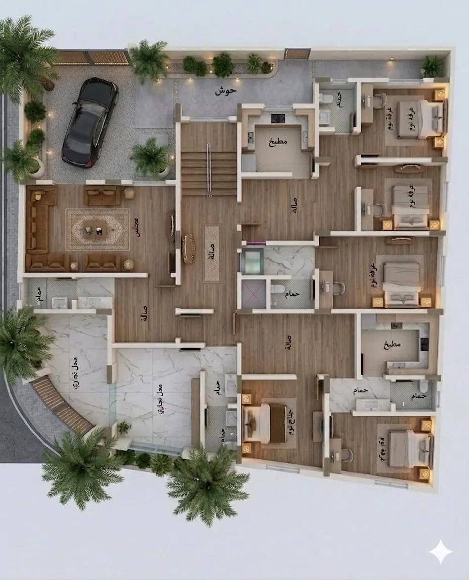 مسقط ثلاثي الأبعاد لدور سكني — توزيع غرف وأثاث — تصميم مكتب الفروي في صنعاء