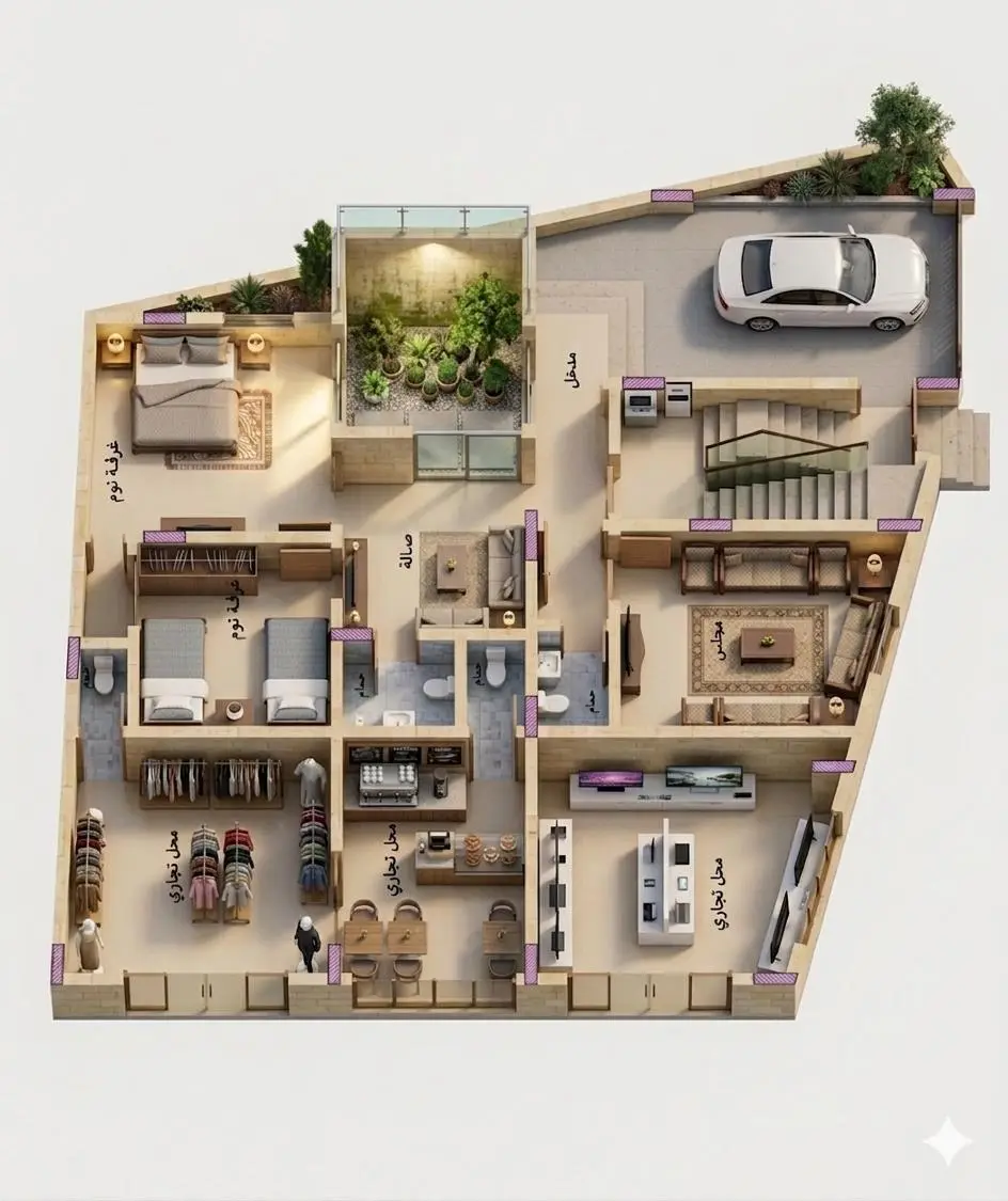 مسقط ثلاثي الأبعاد لدور سكني — توزيع غرف وأثاث — تصميم مكتب الفروي في صنعاء