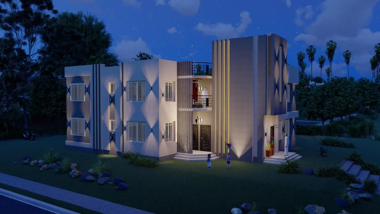 فيلا حديثة — لياسة رمادية وخطوط عمودية — تصميم مكتب الفروي في صنعاء