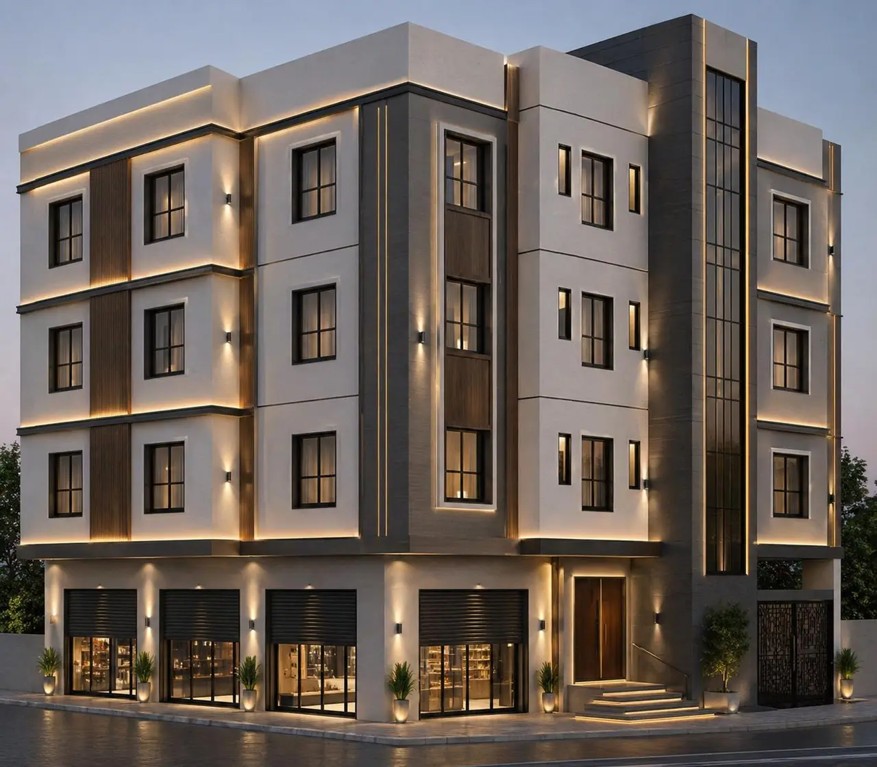 عمارة سكنية حديثة — لياسة وإضاءة واجهة — تصميم مكتب الفروي في صنعاء