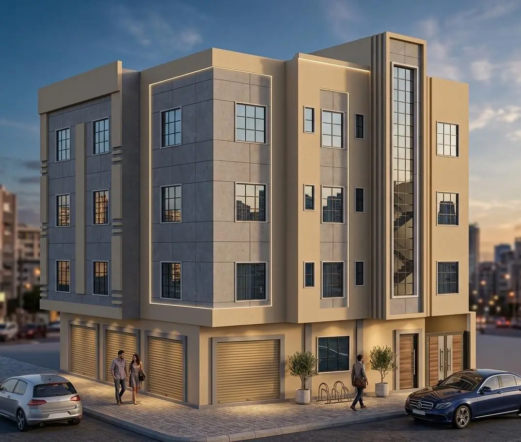 عمارة سكنية حديثة — لياسة وإضاءة واجهة — تصميم مكتب الفروي في صنعاء