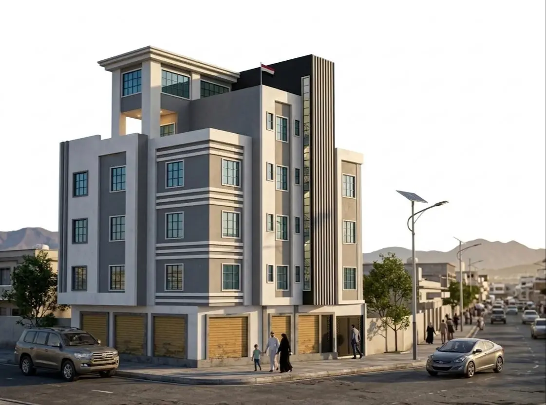 عمارة سكنية حديثة — لياسة وإضاءة واجهة — تصميم مكتب الفروي في صنعاء