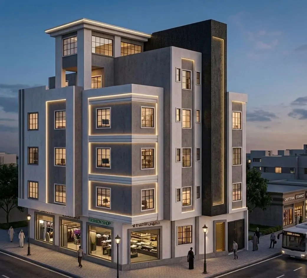 عمارة سكنية حديثة — لياسة وإضاءة واجهة — تصميم مكتب الفروي في صنعاء