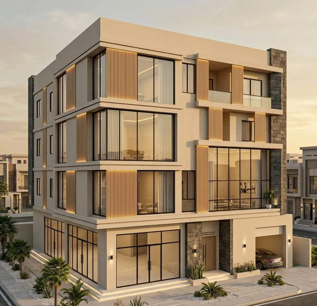 عمارة سكنية حديثة — لياسة وإضاءة واجهة — تصميم مكتب الفروي في صنعاء