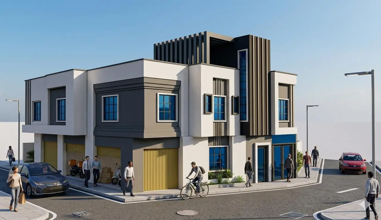 مبنى سكني تجاري من دورين — لياسة حديثة ومحلات أرضية — تصميم مكتب الفروي في صنعاء
