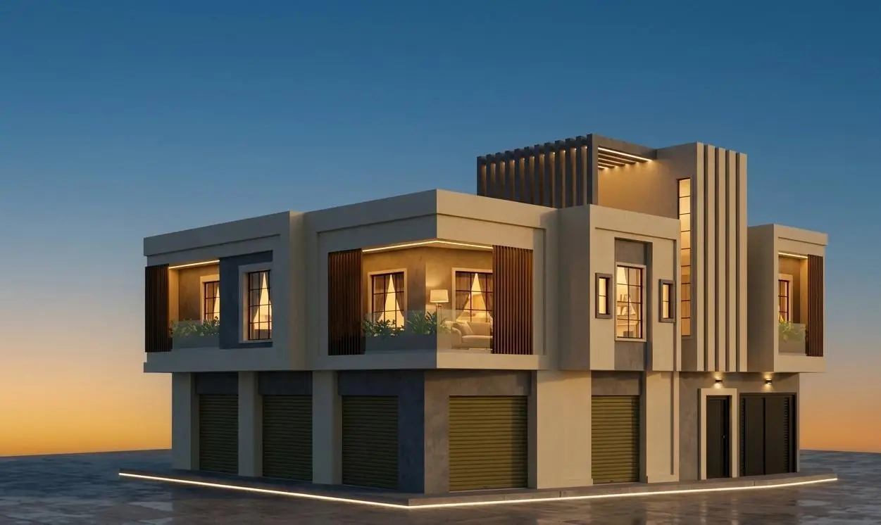 مبنى سكني تجاري من دورين — لياسة حديثة ومحلات أرضية — تصميم مكتب الفروي في صنعاء