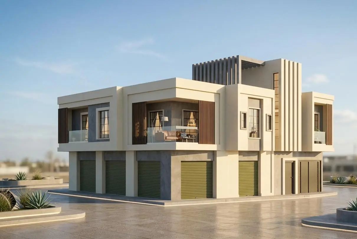 مبنى سكني تجاري من دورين — لياسة حديثة ومحلات أرضية — تصميم مكتب الفروي في صنعاء