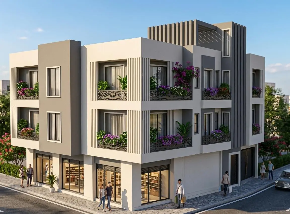 مبنى سكني تجاري من دورين — لياسة حديثة ومحلات أرضية — تصميم مكتب الفروي في صنعاء