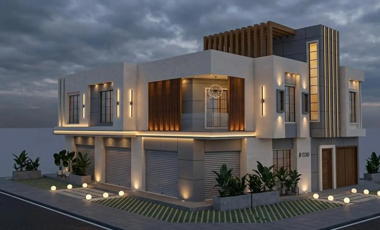 مبنى سكني تجاري من دورين — لياسة حديثة ومحلات أرضية — تصميم مكتب الفروي في صنعاء