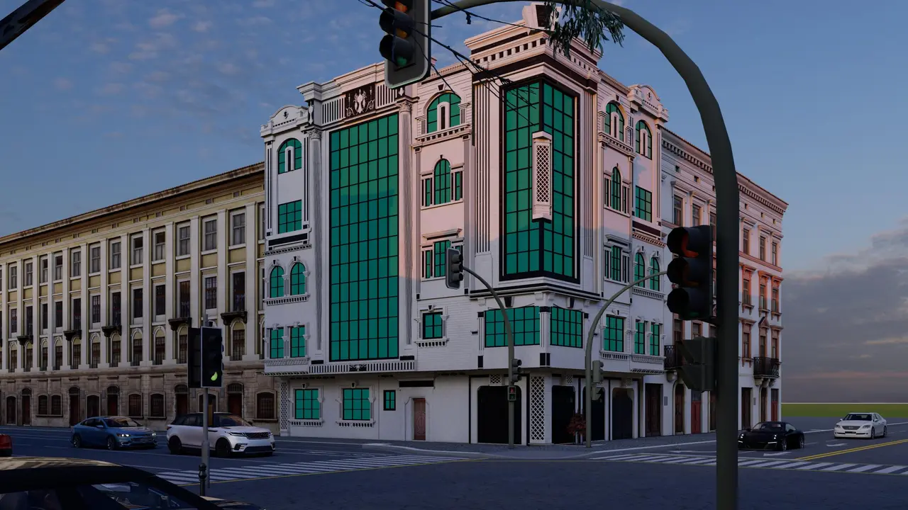 عمارة سكنية تجارية على زاوية — حجر أبيض وواجهات زجاجية — تصميم مكتب الفروي في صنعاء
