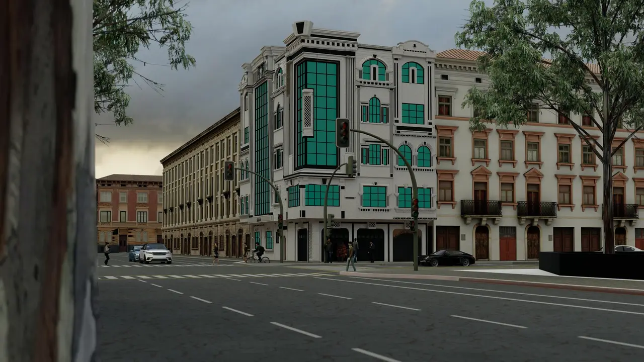 عمارة سكنية تجارية على زاوية — حجر أبيض وواجهات زجاجية — تصميم مكتب الفروي في صنعاء