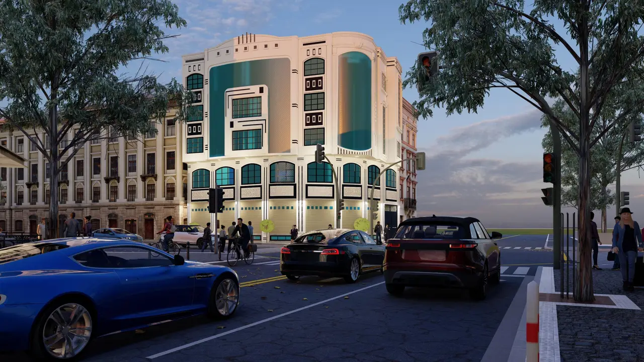 عمارة سكنية تجارية على زاوية — حجر أبيض وواجهات زجاجية — تصميم مكتب الفروي في صنعاء