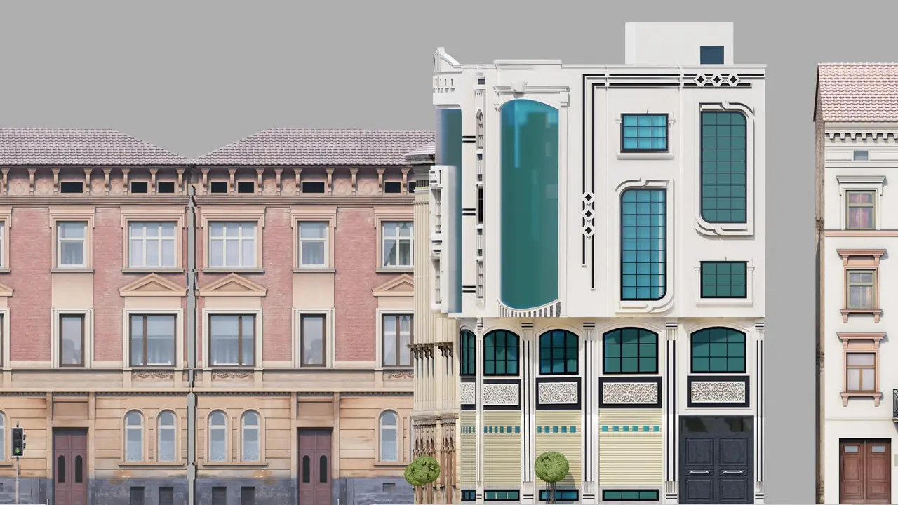 عمارة سكنية تجارية على زاوية — حجر أبيض وواجهات زجاجية — تصميم مكتب الفروي في صنعاء