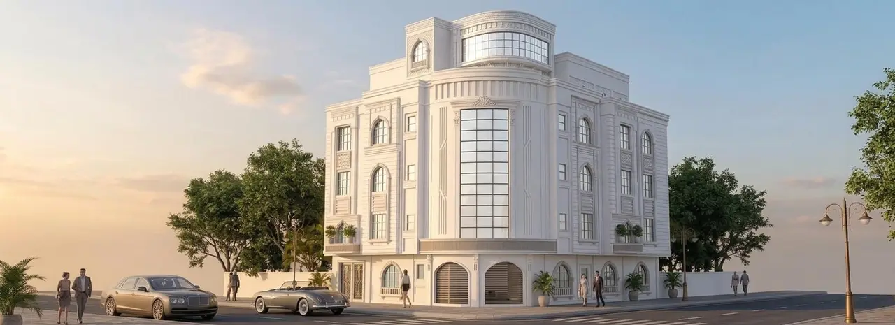 مبنى بزاوية دائرية — حجر أبيض وأقواس — تصميم مكتب الفروي في صنعاء