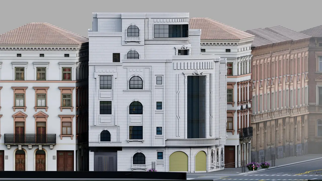 عمارة سكنية بزاوية منحنية — حجر أبيض وتفاصيل كلاسيكية — تصميم مكتب الفروي في صنعاء
