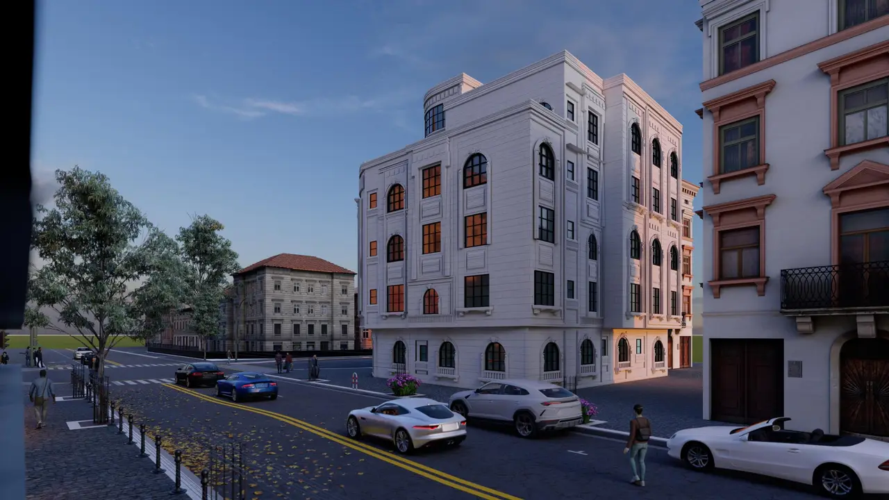عمارة سكنية بزاوية منحنية — حجر أبيض وتفاصيل كلاسيكية — تصميم مكتب الفروي في صنعاء