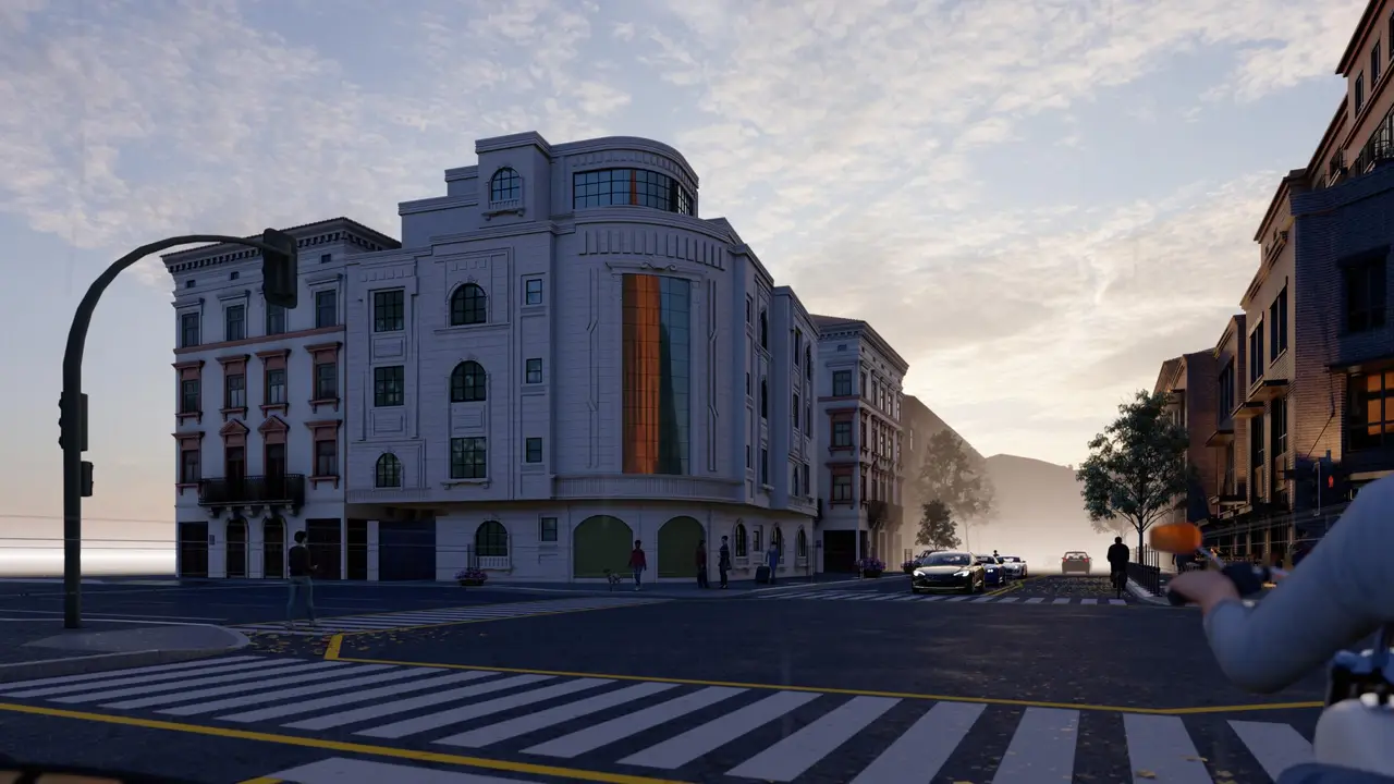 عمارة سكنية بزاوية منحنية — حجر أبيض وتفاصيل كلاسيكية — تصميم مكتب الفروي في صنعاء