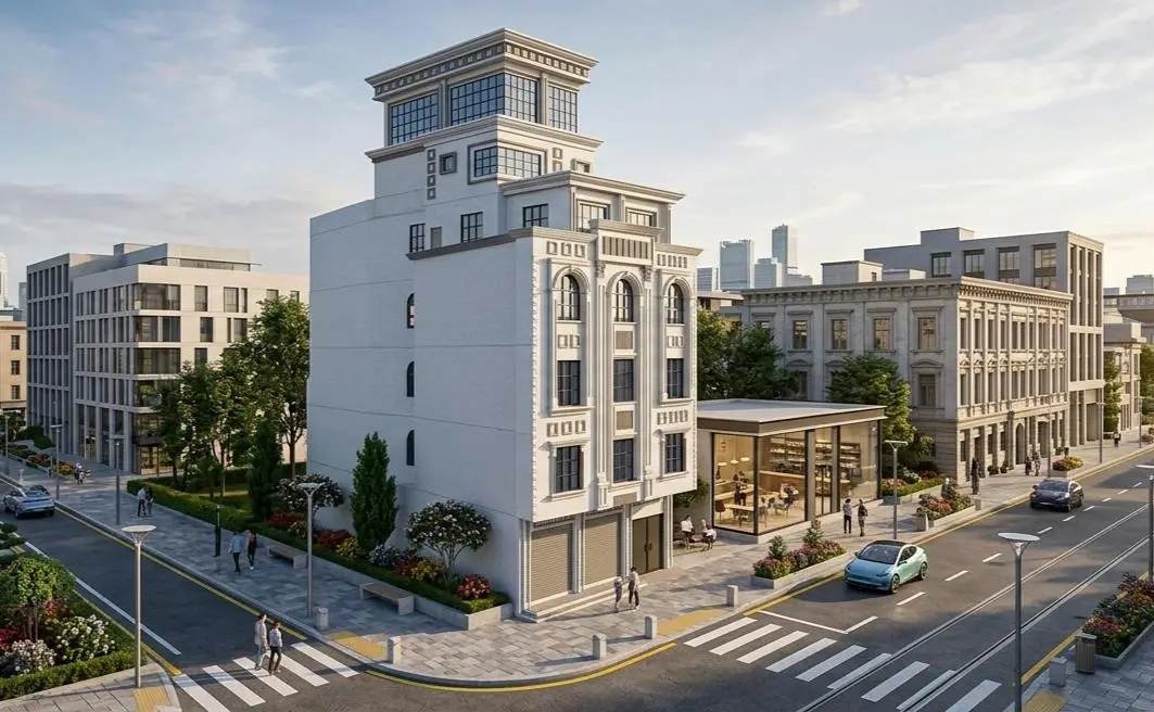عمارة في شارع تجاري — حجر مع زجاج أزرق — تصميم مكتب الفروي في صنعاء