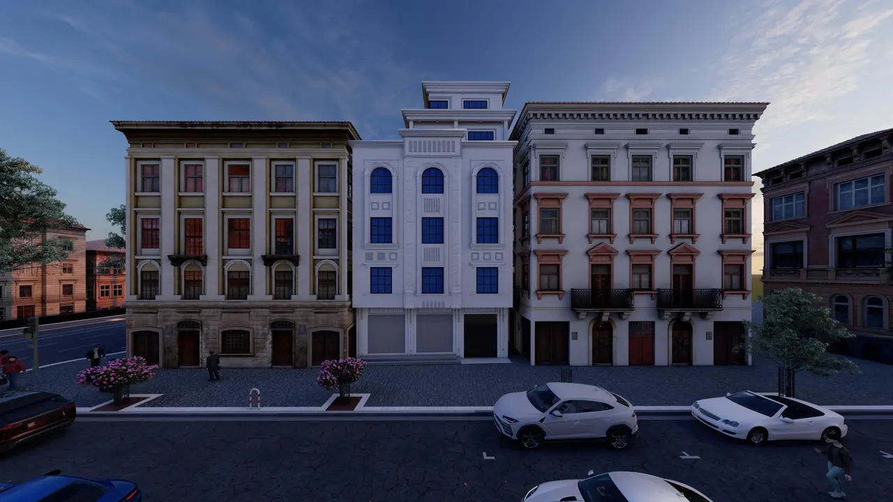 عمارة في شارع تجاري — حجر مع زجاج أزرق — تصميم مكتب الفروي في صنعاء