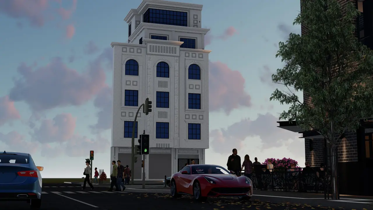 برج سكني بتاج حجري — واجهة كلاسيكية بيضاء — تصميم مكتب الفروي في صنعاء