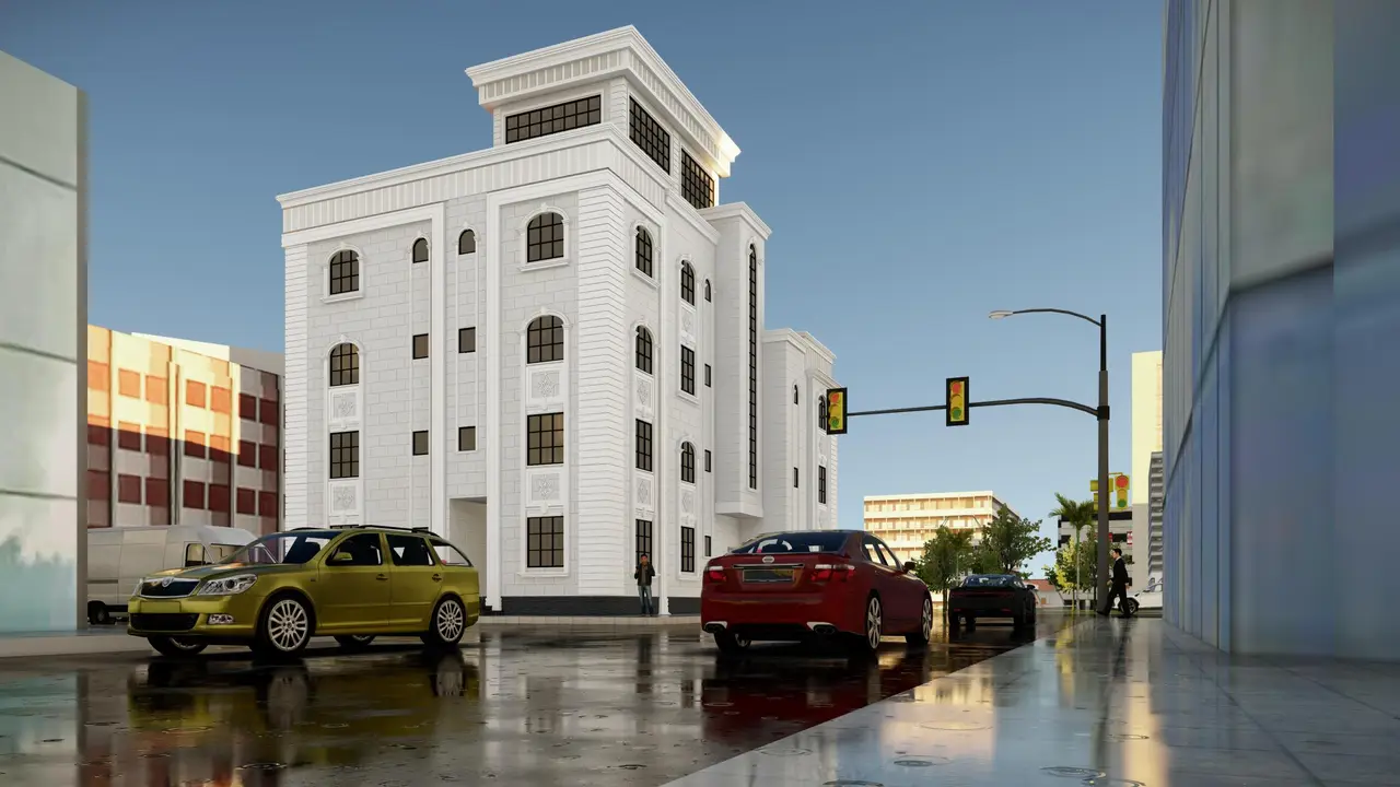 برج سكني بتاج حجري — واجهة كلاسيكية بيضاء — تصميم مكتب الفروي في صنعاء