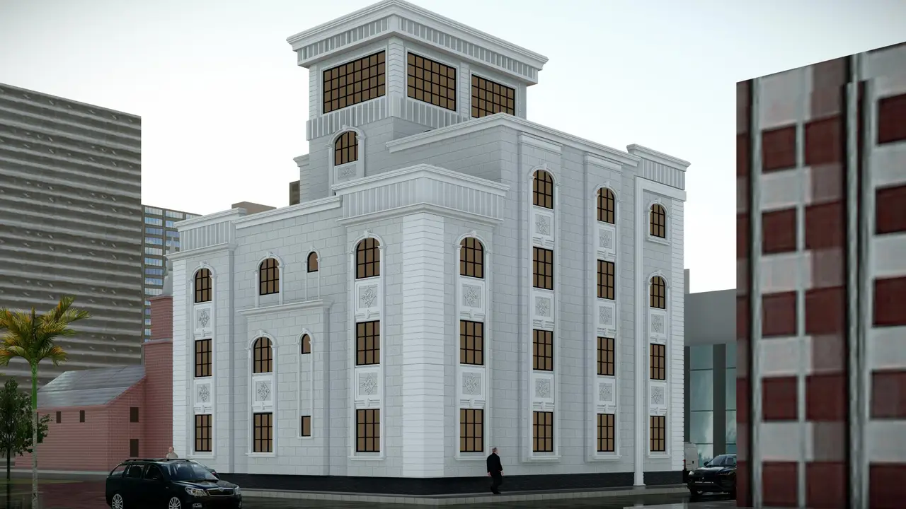 برج سكني بتاج حجري — واجهة كلاسيكية بيضاء — تصميم مكتب الفروي في صنعاء
