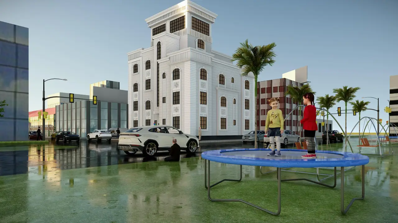 برج سكني بتاج حجري — واجهة كلاسيكية بيضاء — تصميم مكتب الفروي في صنعاء