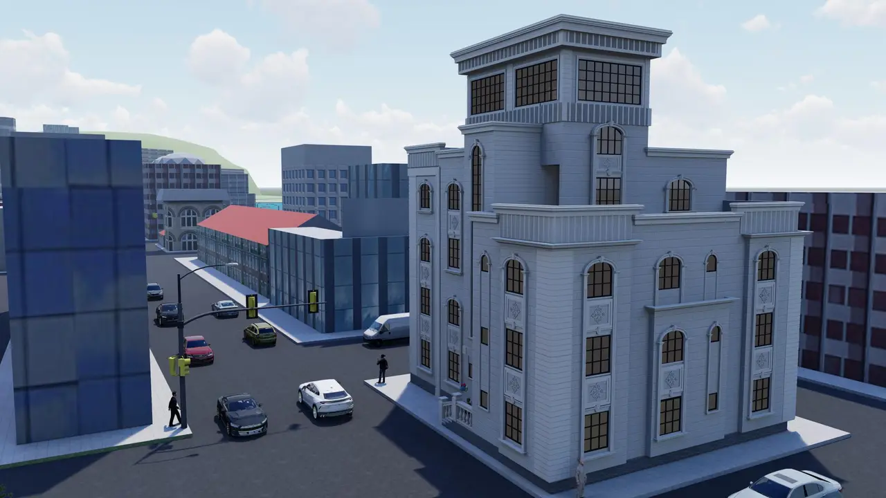 برج سكني بتاج حجري — واجهة كلاسيكية بيضاء — تصميم مكتب الفروي في صنعاء