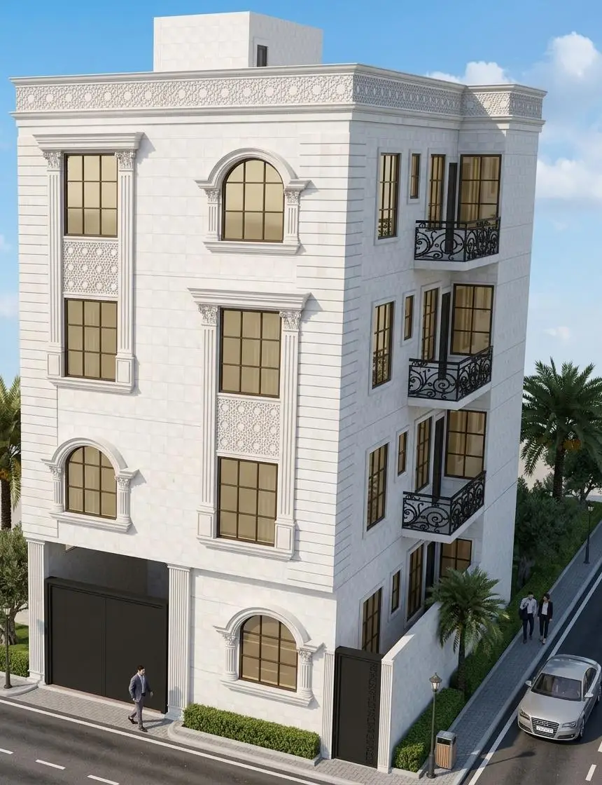 عمارة سكنية متعددة الأدوار — حجر أبيض — تصميم مكتب الفروي في صنعاء
