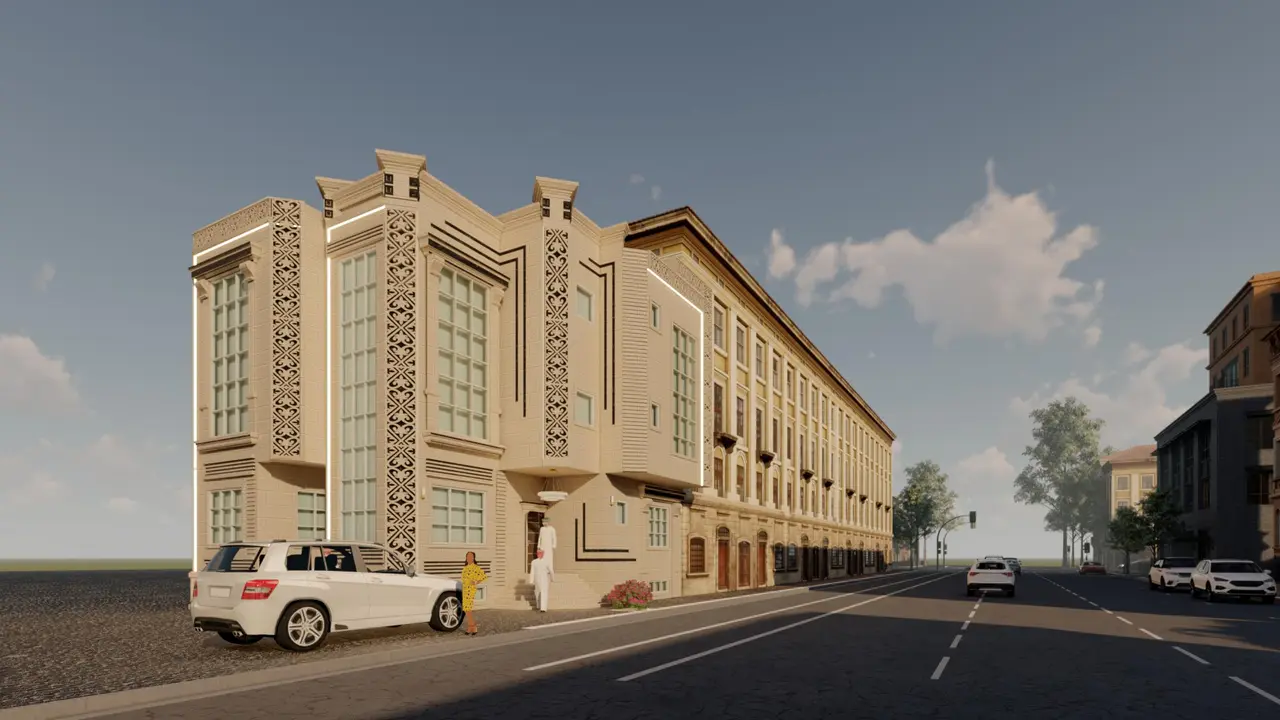 عمارة سكنية بزخارف حجرية — حجر بيج وكرانيش — تصميم مكتب الفروي في صنعاء