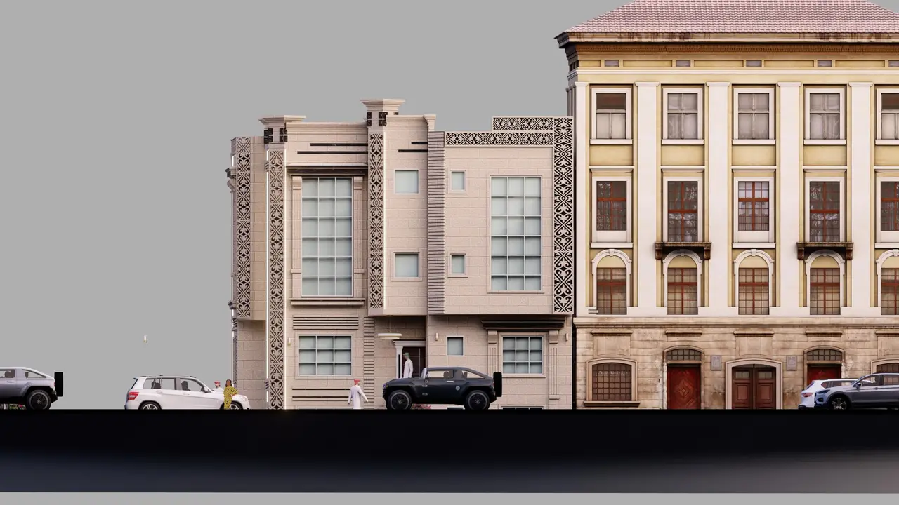 عمارة سكنية بزخارف حجرية — حجر بيج وكرانيش — تصميم مكتب الفروي في صنعاء