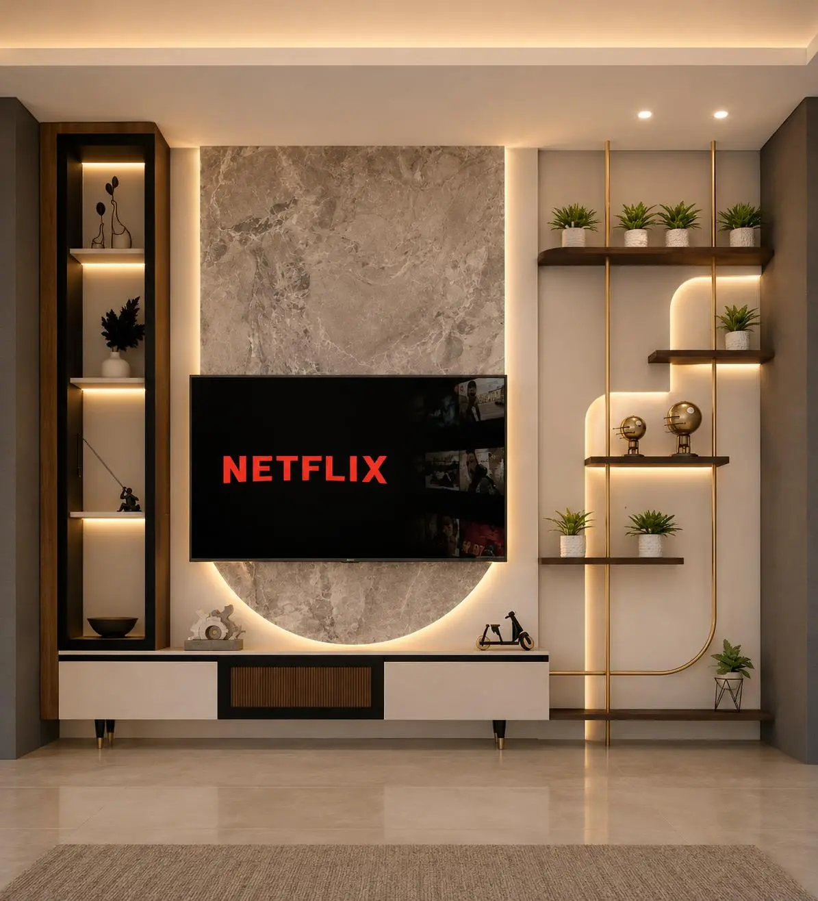 ديكور خلف الشاشة: رخام رمادي وأرفف منحنية — تصميم مكتب الفروي في صنعاء